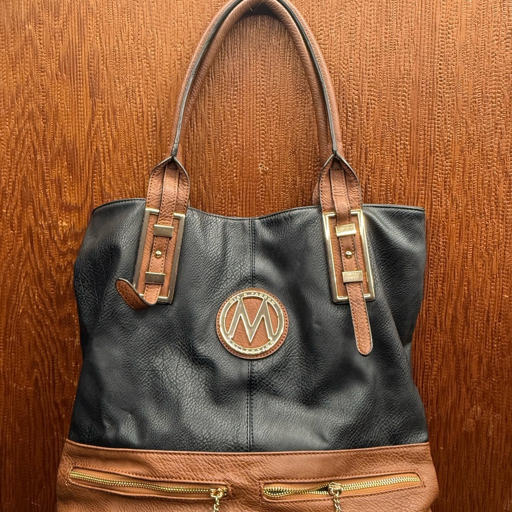 Black and Brown Leather Tote with Signature Logo Emblem